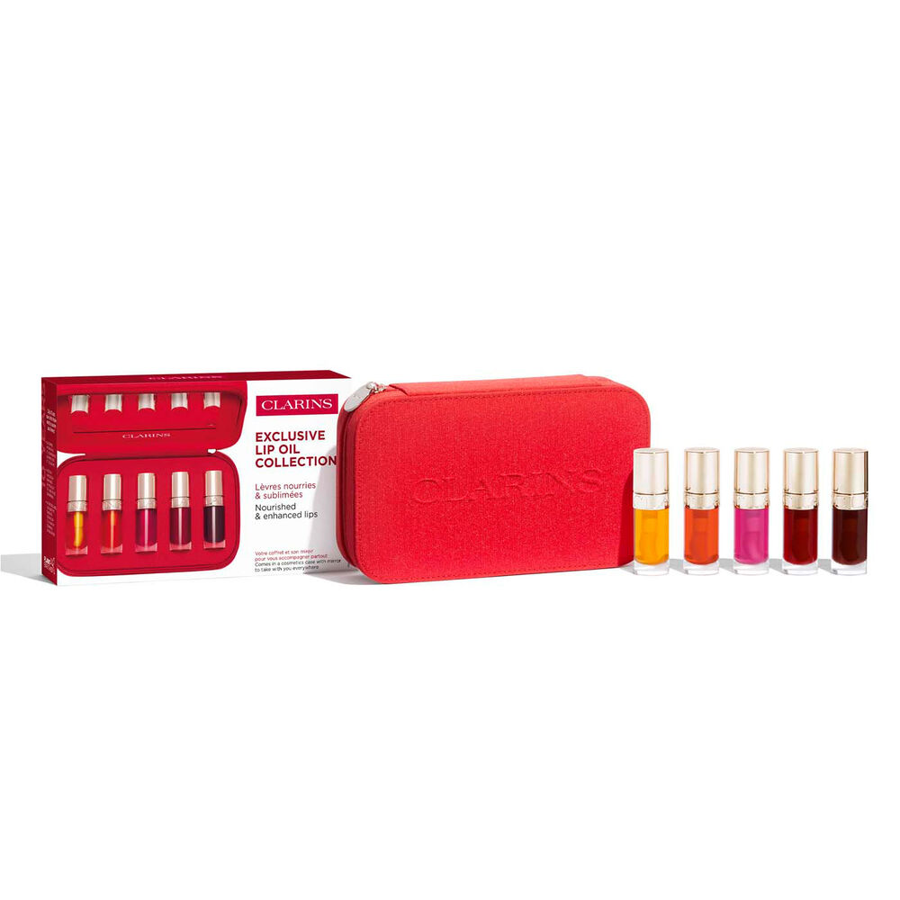 Showcase av Lip Oil-etui i rødt stoff, med 5 nyanser.