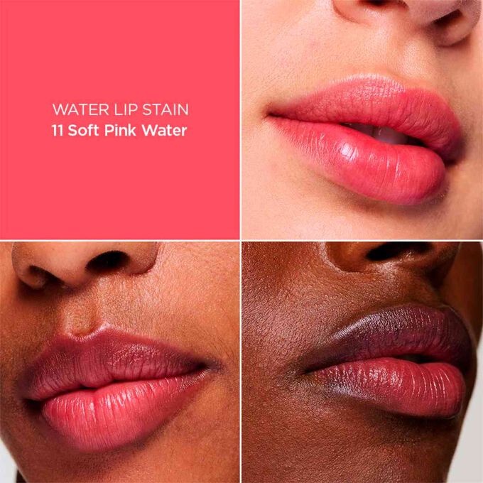 Nærbilde av en kvinnes lepper, som illustrerer resultatet av påføring av Pink Water Lip Stain i nyanse 11, som gir fuktighet, farge og matt finish.