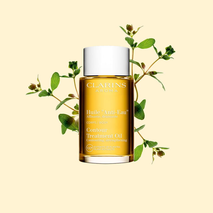 Clarins Contour Treatment Oil fungerer som en benmassasjeolje for &aring; redusere hevelse, inneholder rene planteekstrakter for lette ben.