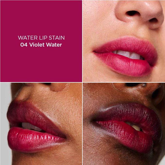 Nærbilde av en kvinnes lepper, som illustrerer resultatet av påføring av Pink Water Lip Stain i nyanse 04, som gir fuktighet, farge og matt finish.