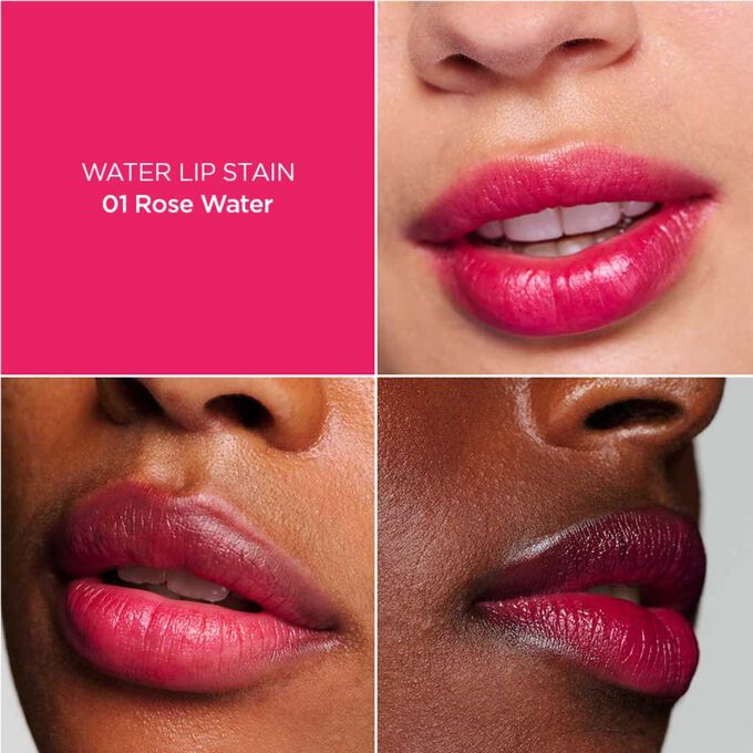 Nærbilde av en kvinnes lepper, som illustrerer resultatet av påføring av Fushia Water Lip Stain i nyanse 01, som gir fuktighet, farge og matt finish.