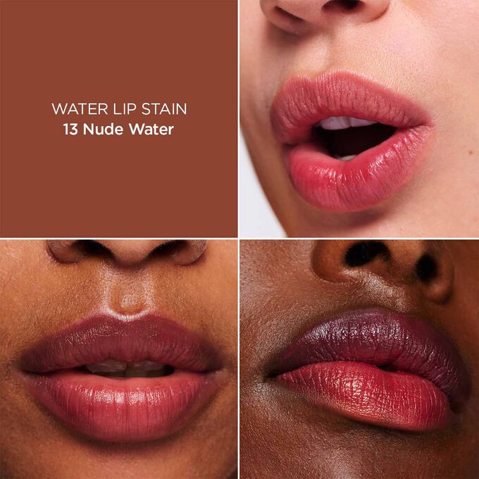 N&aelig;rbilde av en kvinnes lepper, som illustrerer resultatet av p&aring;f&oslash;ring av Brown Water Lip Stain i nyanse 13, som gir fuktighet, farge og matt finish.