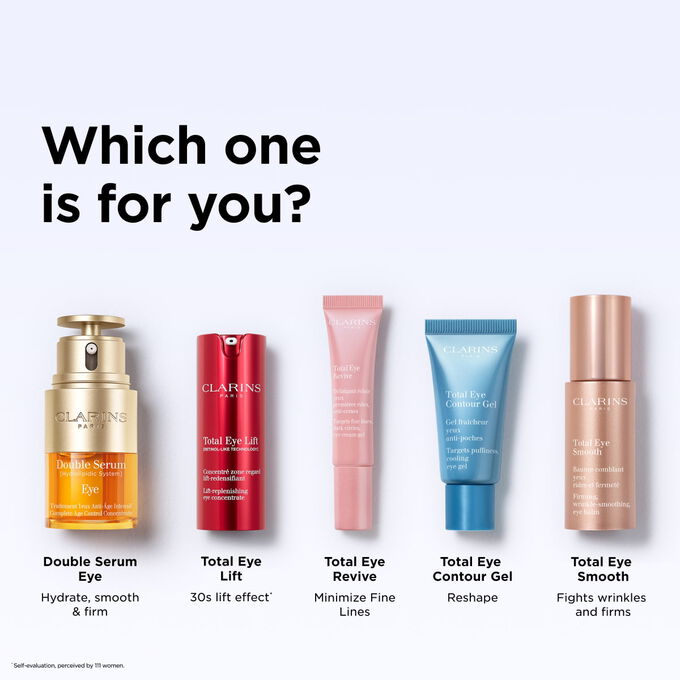 Tube med Clarins Total Eye Contour Gel blant kaffeb&oslash;nner for &aring; illustrere det naturlige opphavet til ingrediensene i produktet.