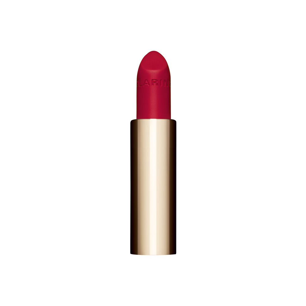 Packshot av det røde påfyllbare leppestiften Joli Rouge i nyansen 742V fra Clarins, som fremhever dens bærekraftige og elegante design.