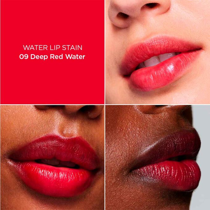 Nærbilde av en kvinnes lepper, som illustrerer resultatet av påføring av Dark Red Water Lip Stain i nyanse 9, som gir fuktighet, farge og matt finish.