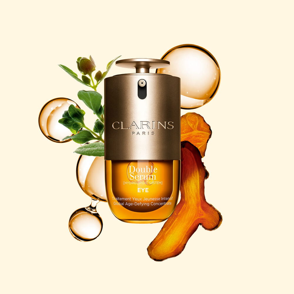 Double Serum Eye &oslash;yekonturserum med gurkemeie, merian, niacinamid og koffein for en komplett fuktgivende &oslash;yepleierutine.