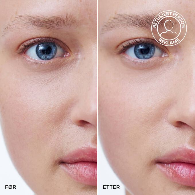 F&oslash;r- og etterbilde av en kvinnes bryn med Clarins Ash Blond Tinted Brow Gel, som viser fyldigere, mer definerte og naturlige resultater.