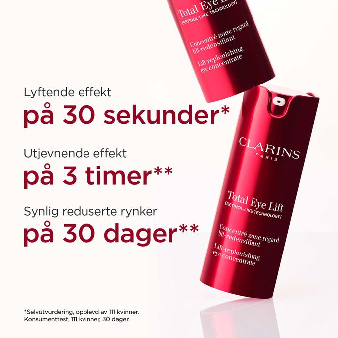 Packshot av Clarins Total Eye Lift med tekst som fremhever dens løftende effekt på 30 sekunder, utjevnende effekt på 3 timer og rynkeforringelse på 30 dager.