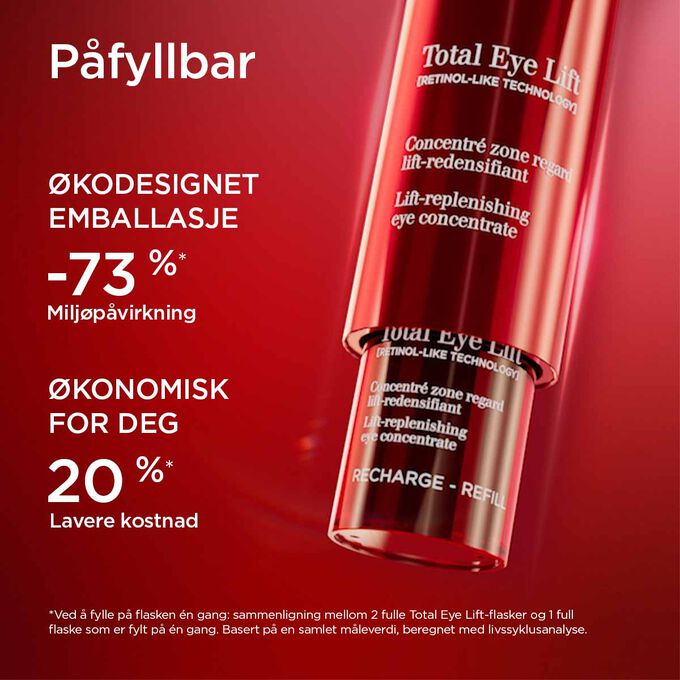 Nærbilde av Total Eye Lift-pakken som fremhever dens refillmulighet med 73 % mindre miljøpåvirkning.