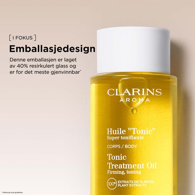 Clarins Tonic kroppsolje i en emballasje laget av resirkulert glass, som st&oslash;tter b&aelig;rekraftige skj&oslash;nnhetsrutiner.