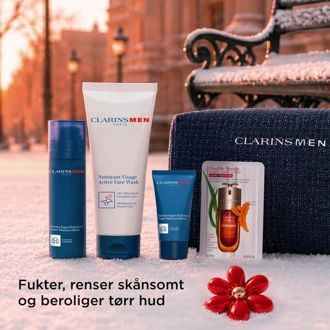 Produktbilde av Clarins Men-julesett med pleie som fukter, renser og beroliger t&oslash;rr eller sensitiv hud