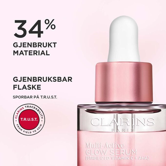 Nærbilde av toppen på Multi-Active Glow Serum-flasken, som fremhever 34 % gjenvunnet materiale og et gjenvinnbart design.