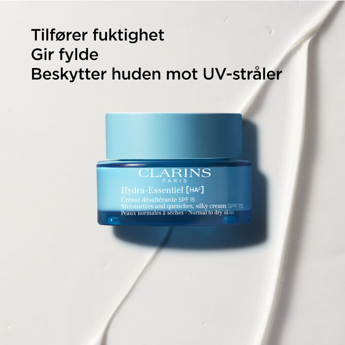 Pakkebilde av Clarins Hydra-Essentiel SPF15 med tekst som fremhever UV-beskyttelsen og fylden den gir.