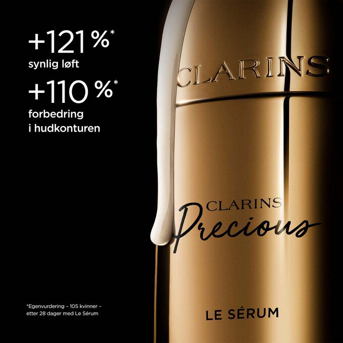 Pakkebilde av Clarins Precious Serum mot en mørk bakgrunn med tekst som fremhever kraften til å «løfte» huden og forbedre hudkonturen.