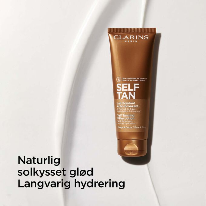 Pakkebilde av Clarins Self Tanning Milky Lotion som fremhever fordelene av en solkysset glød og langvarig hydrering.
