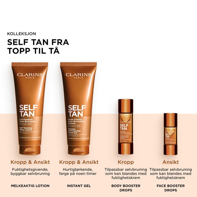 Packshot av Clarins brun-uten-sol-sortiment, inkludert Self-Tanning-produkter for ansikt og kropp, for en str&aring;lende, gyllen og solkysset gl&oslash;d.