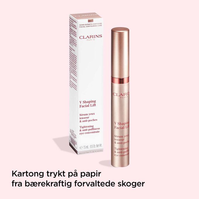 Clarins V Shaping Facial Lift Eye Contour Gel og emballasjen for å illustrere at emballasjen er laget av resirkulerte materialer.
