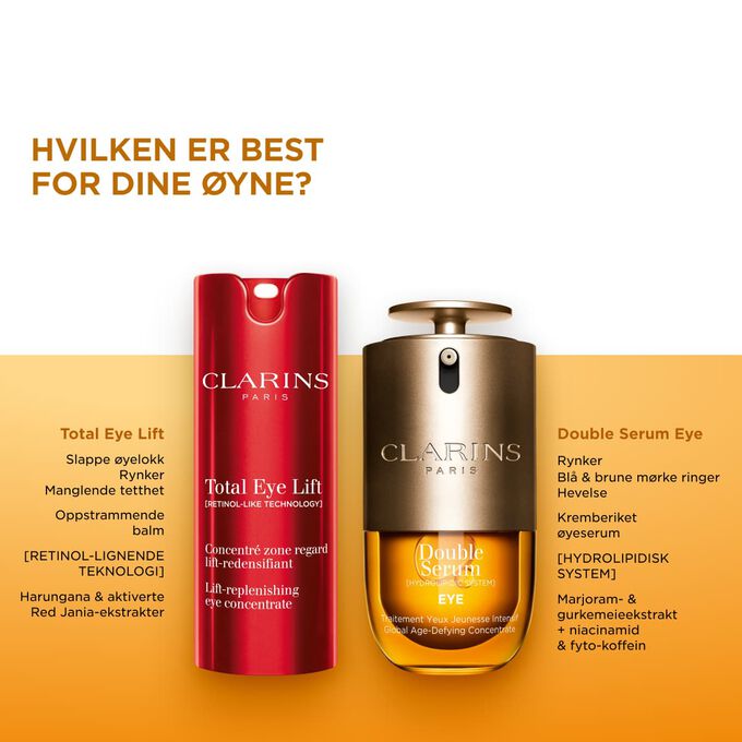 Sammenlign Total Eye Lift og Double Serum Eye &oslash;yekonturserum for &aring; finne din beste aldersmotvirkende &oslash;yepleie.