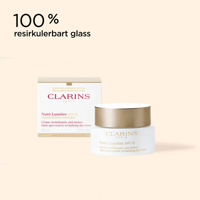 Kremkrukke for anti-age-kremen Nutri-Lumi&egrave;re SPF 15 og emballasjen som viser dens resirkulerbare opprinnelse.