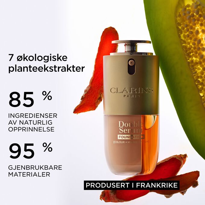Produktbilde av Double Serum Foundation n&aelig;r gurkemeie og papain, som fremhever naturlige ingredienser og &laquo;Made in France&raquo;-merket.