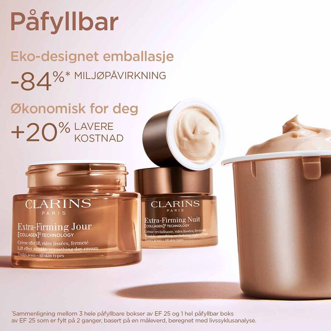 Focus on the Extra Firming Day Cream packaging to illustrate that refillable day cream is a sustainable and economical option.