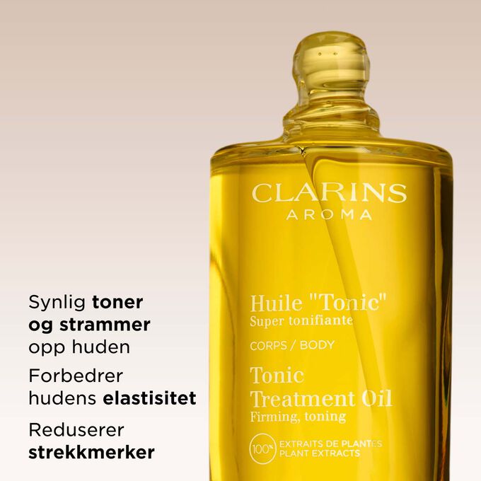 Clarins Tonic kroppsolje for synlig toning og oppstramming av huden samtidig som den reduserer strekkmerker for en glatt og fast hud.