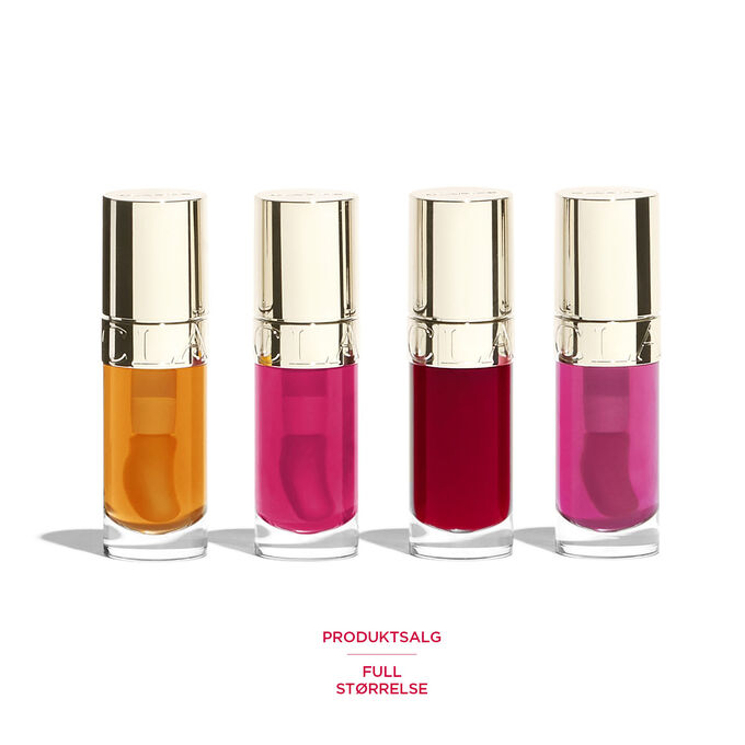 Photoshoot of the products in Clarins Lip Comfort Oil Gift set: 4 full-size Lip stains in orange, fushia, purple and pink.