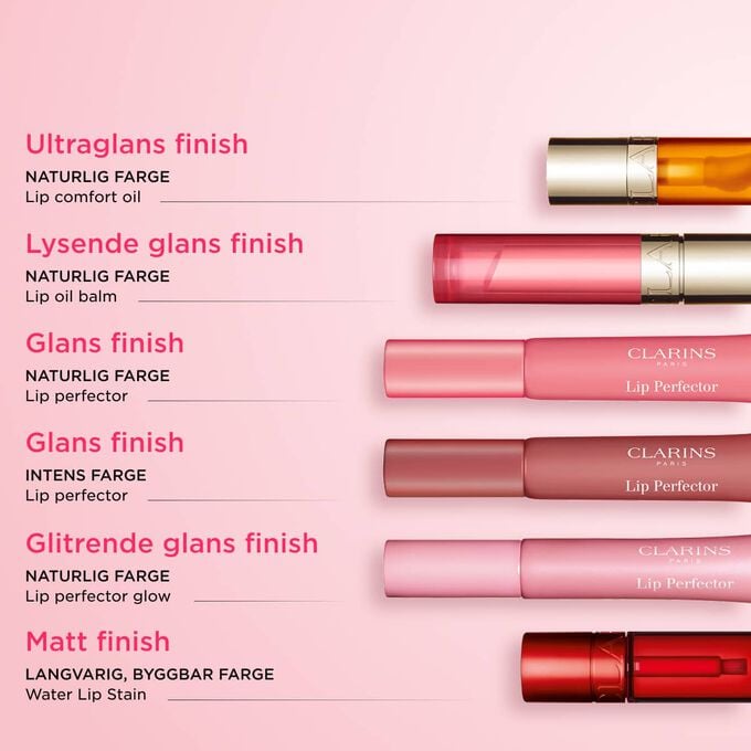 Clarins&rsquo; m&aring;-ha leppeprodukter: Lip Oil, Lip Balm, Lip Stain og Lip Perfector for naturlig farge, komfort og langvarig glans.