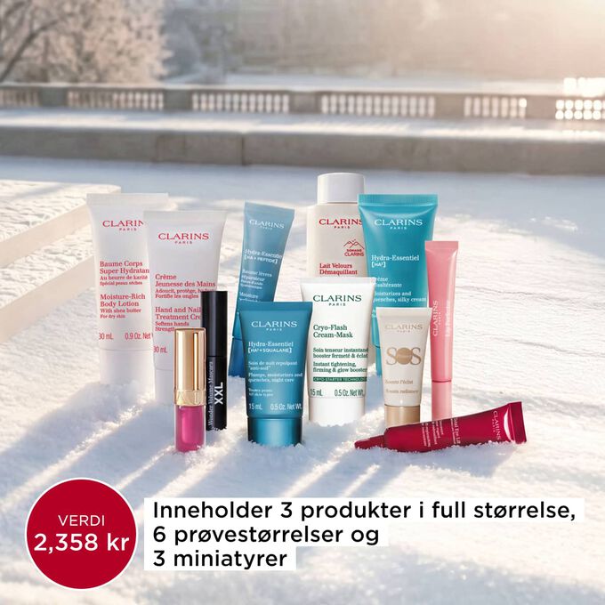 Produktbilde av 12 Days sminkekalender med 3 produkter i full st&oslash;rrelse, 6 pr&oslash;vest&oslash;rrelser og 3 miniatyrer fra Clarins