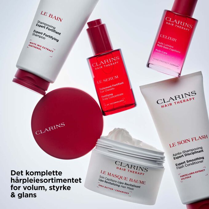Clarins Hair Therapy hele sortimentet: fem behandlinger for hodebunn og h&aring;r for &aring; &oslash;ke volum, styrke og glans.