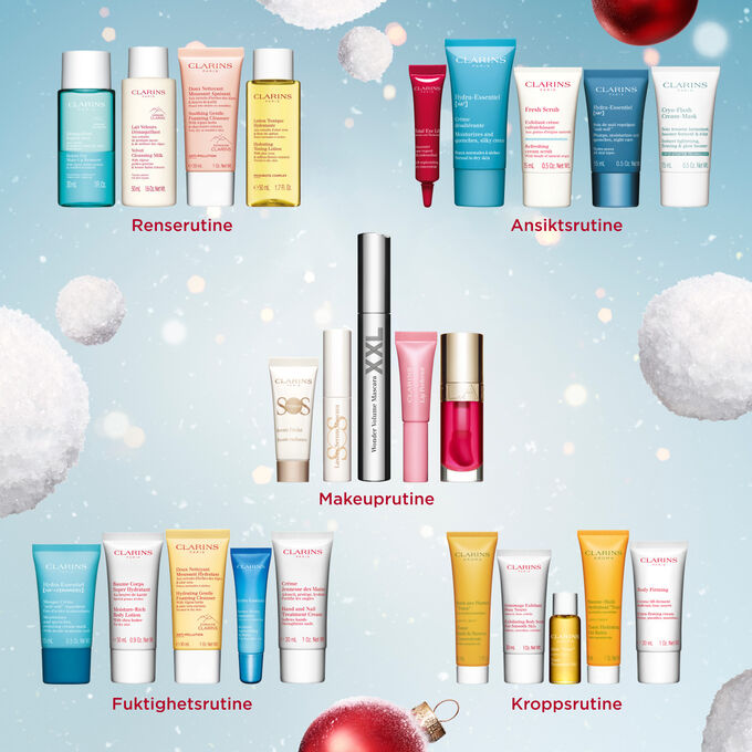 Packshot av Clarins Skincare & Make-up julekalender med 4 full size-produkter, 17 prøver og 3 minis.