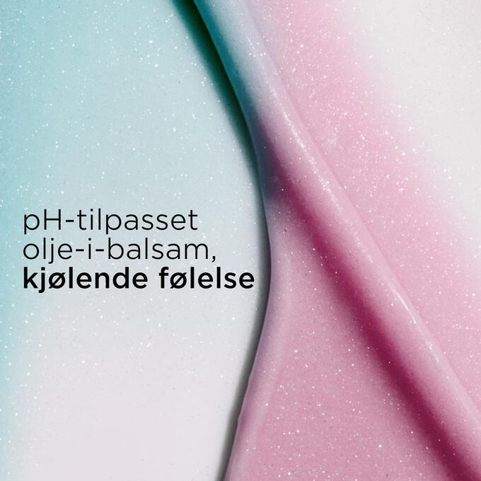 Teksturert bakgrunn med rosa og bl&aring; leppebalsamer som illustrerer en pH-tilpasset olje-i-balsam med kj&oslash;lende effekt