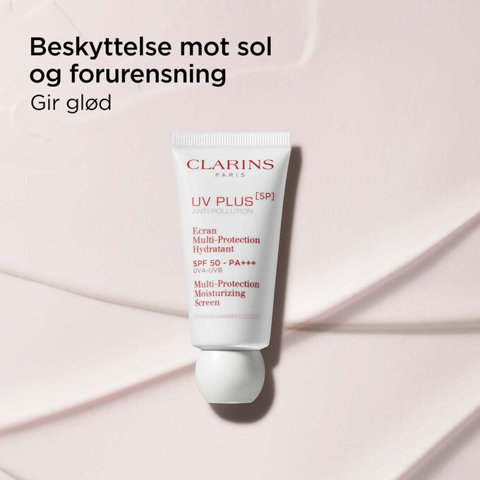 Pakkebilde av Clarins UV Plus Anti-Pollution Rose som gir glød samtidig som den beskytter mot sol og forurensning