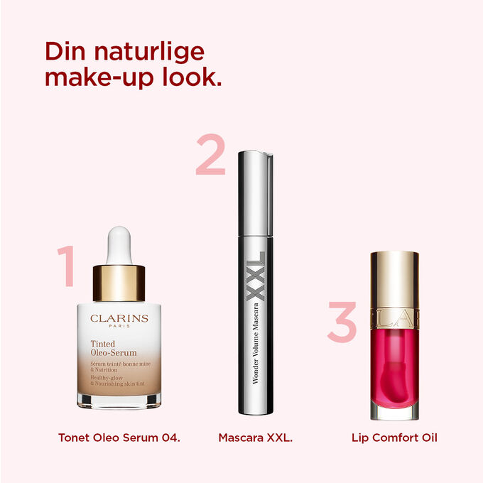 Clarins makeup-utvalg for å oppnå et naturlig utseende, med et farget serum, volummaskara og leppeolje.