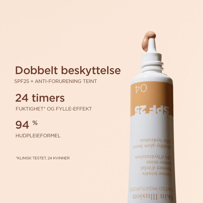 Nærbilde av Skin Perfector i medium som fremhever dets dobbelte beskyttelse mot sol og forurensning, sammen med dens fuktighetsgivende effekter.