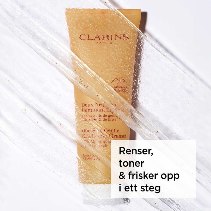 Packshot av den oransje tuben med ansiktsrens med tekst om dens 3-i-1-effekt: fjerner sminke, renser og eksfolierer.