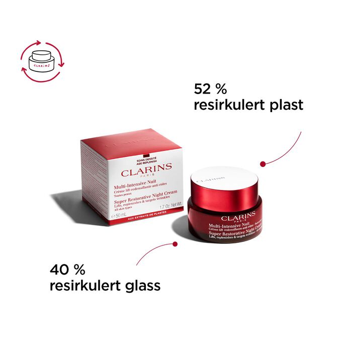Super-Restorative Night Cream All Skin Types, beholder og emballasje fra resirkulert glass og resirkulert plast