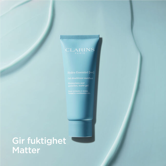 Bilde som viser Clarins Hydra-Essentiel Matte Gel, en ansiktsgel for bruk om dagen beriket med hyaluronsyre som tilfører fuktighet og matter ned.