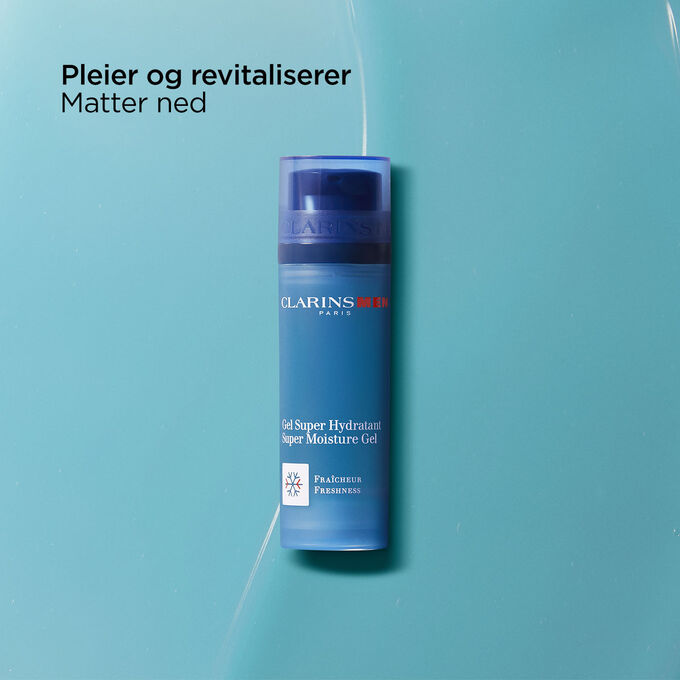 Pakkebilde av Clarins Men Super Moisture Gel med tekst som fremhever de nærende, revitaliserende og mattende egenskapene.