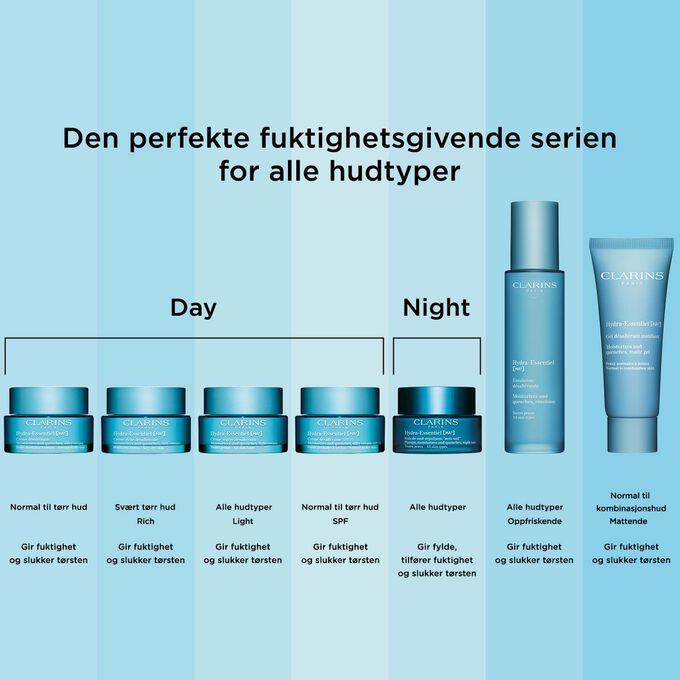 Pakkebilde av Clarins Hydra-Essentiel-serien, en fuktighetsgivende og n&aelig;rende serie for alle hudtyper og spesifikke behov.
