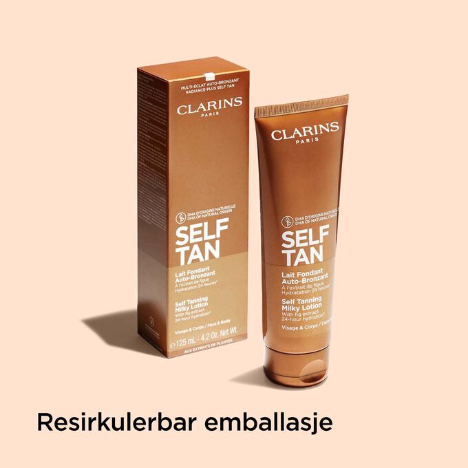 Tube med Clarins Self Tanning Milky Lotion og emballasjen for å illustrere at emballasjen er laget av resirkulerte materialer.