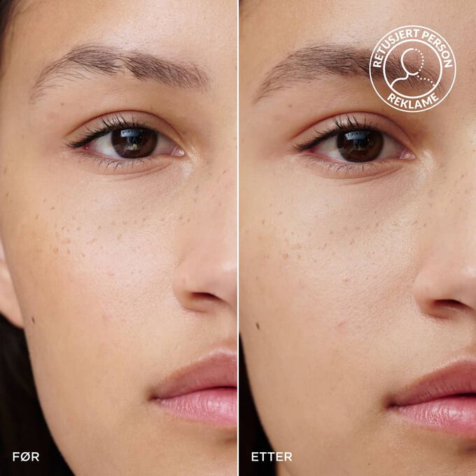 F&oslash;r- og etterbilde av en kvinnes bryn med Clarins Warm Brown Brow Gel, som viser fyldigere, mer strukturerte og naturlig definerte bryn.