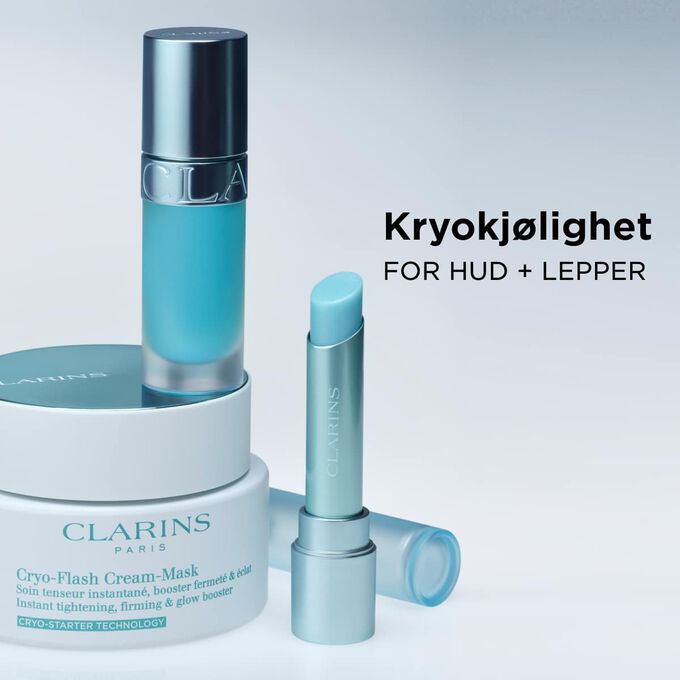 Packshot av Clarins Cryo Coolness-serien for hud og lepper som viser kj&oslash;lende og beroligende produkter med plumpende effekt