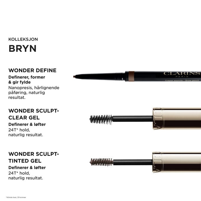 Clarins brynrutine med must-haves: Wonder Define, Sculpt-Clear Gel og Sculpt-Tinted Gel for naturlig l&oslash;ft og 24 timers hold.