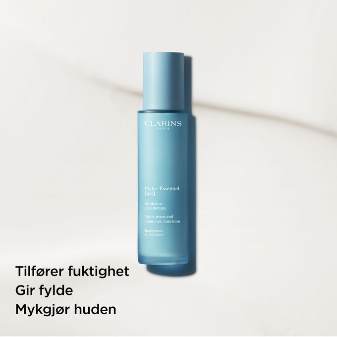 Pakkebilde av Clarins Hydra-Essentiel 23 Emulsion, en fuktighetsgivende og mykgjørende ansiktsemulsjon for bruk om dagen med hyaluronsyre.