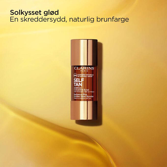 Pakkebilde av Clarins Radiance-Plus Golden Glow Booster for Face, med tekst som fremhever at den gir en solkysset glød.
