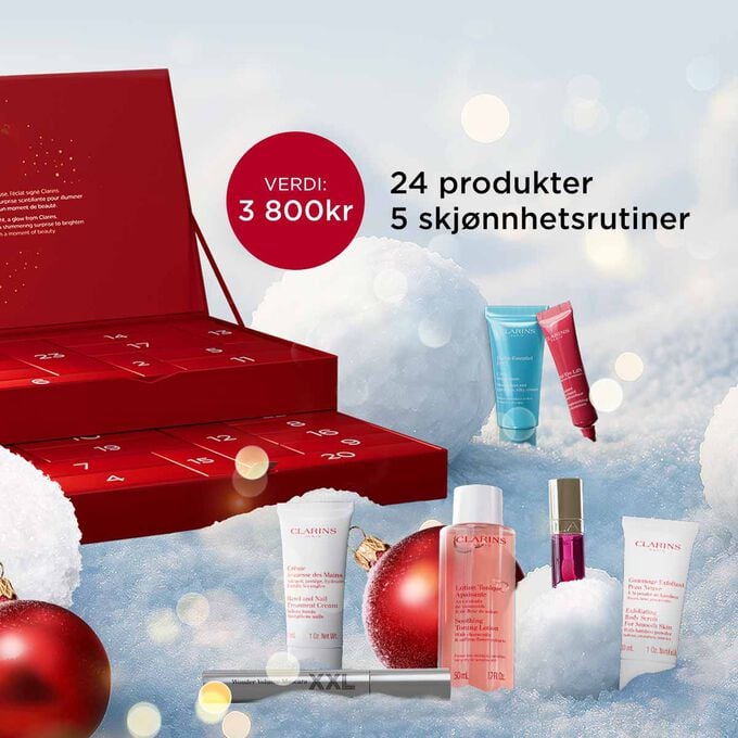 Packshot av Clarins 24 Days julekalender med økodesignet emballasje, laget for å gjenbrukes lenge etter julen. Packshot av Clarins 24 Days julekalender med økodesignet emballasje, laget for å gjenbrukes lenge etter julen.
