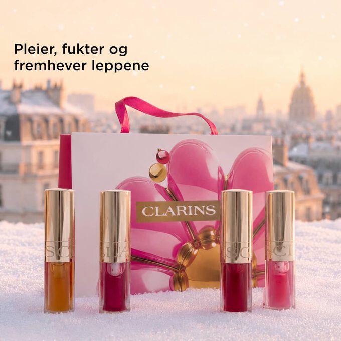 Produktbilde av Clarins-julesett med leppeoljer som pleier, fukter og fremhever leppene med naturlig glans