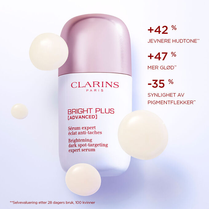 N&aelig;rbilde av Bright Plus Expert Serum med tekst som fremhever effekten: &oslash;kt gl&oslash;d og reduserte pigmentflekker.