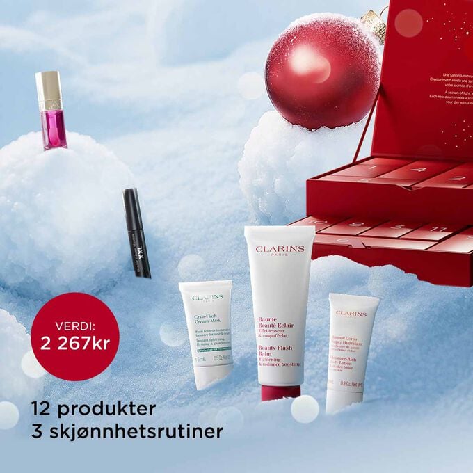 Packshot av Clarins 12 Days julekalender med miljøvennlig designet emballasje, laget for å gjenbrukes etter julen. Packshot av Clarins 12 Days julekalender med miljøvennlig designet emballasje, laget for å gjenbrukes etter julen.